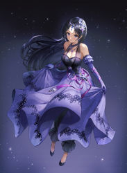 Rule 34 | 1girl, bare shoulders, black footwear, black hair, black pants, blush, closed mouth, commentary request, elbow gloves, frilled gloves, frills, gloves, hair ornament, headpiece, highres, long hair, long skirt, looking at viewer, lunacle, original, pants, pants under skirt, parted bangs, pleated skirt, purple eyes, purple gloves, purple skirt, shoes, skirt, sky, smile, solo, star (sky), starry sky, very long hair