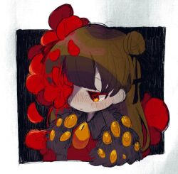 Rule 34 | black ribbon, brown hair, collared shirt, commentary request, double bun, employee (project moon), flower, flower over eye, fur-trimmed jacket, fur trim, hair bun, hair ribbon, hoshizuki sakusa, jacket, lobotomy corporation, long hair, open clothes, open jacket, orange eyes, parted lips, petals, project moon, red flower, red shirt, ribbon, shirt, sketch