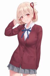 Rule 34 | 1girl, alternate costume, blonde hair, blue ribbon, cardigan, grey skirt, hair ribbon, highres, looking at viewer, lycoris recoil, mikazuchi zeus, neck ribbon, nishikigi chisato, pleated skirt, red cardigan, red eyes, red ribbon, ribbon, school uniform, short hair, simple background, skirt, smile, solo, thighs, v, white background