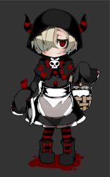 Rule 34 | 1girl, apron, ayame hashinimasen, basket, black background, black dress, blonde hair, blood, blood stain, boots, bow, bowtie, commentary request, cosplay, dress, ear piercing, frilled skirt, frills, full body, hair over one eye, hands in opposite sleeves, hood, horns, idolmaster, idolmaster cinderella girls, knife, little red riding hood, little red riding hood (grimm), little red riding hood (grimm) (cosplay), looking at viewer, pantyhose, parody, piercing, red legwear, shirasaka koume, skirt, skull, smirk, smug, solo, standing, striped clothes, striped horns, striped legwear, striped pantyhose