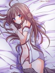 Rule 34 | 10s, 1girl, bad id, bad pixiv id, bare shoulders, blue eyes, blush, brown hair, clothes pull, grabbing, grabbing another&#039;s breast, kantai collection, kongou (kancolle), long hair, lying, no headwear, nontraditional miko, on side, open clothes, open shirt, panties, sakura romu, shirt, side-tie panties, skirt, skirt pull, smile, solo, underwear, untied panties, unzipped