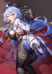 Rule 34 | 1girl, absurdres, ahoge, ass, bare shoulders, black gloves, black leotard, black pantyhose, blue hair, breasts, detached sleeves, disembodied penis, erection, fellatio, from behind, ganyu (genshin impact), genshin impact, gloved handjob, gloves, goat horns, group sex, handjob, highres, horns, k.t.cube, kneeling, lactation, large breasts, leotard, long hair, long sleeves, looking up, low ponytail, mmf threesome, open mouth, oral, pantyhose, penis, purple eyes, pussy juice, solo, thighs, threesome, torn clothes, uncensored, very long hair, waist cape