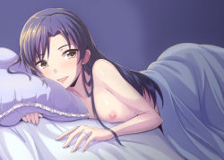 Rule 34 | 1girl, afterglow, black hair, blush, breasts, dan (orange train), engagement ring, flat chest, hair over shoulder, happy, idolmaster, idolmaster (classic), jewelry, kisaragi chihaya, long hair, looking at viewer, lying, nipples, nude, on bed, open mouth, pillow, pov, pov across bed, ring, smile, solo, sparkle, under covers, yellow eyes