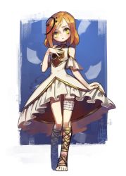 Rule 34 | 1girl, bandages, bandaged leg, bandages, bare shoulders, blue background, blush, borrowed character, choker, closed mouth, commentary request, full body, hand on own chest, highres, looking at viewer, orange hair, original, short hair, skirt hold, solo, standing, tostantan, yellow eyes