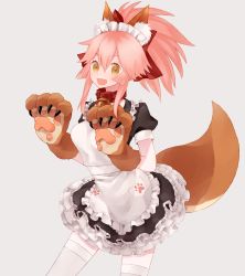 Rule 34 | 1girl, alternate costume, animal ear fluff, animal ears, animal hands, apron, bad id, bad pixiv id, bell, breasts, cat paws, collar, enmaided, fang, fate/grand order, fate (series), fox ears, fox girl, fox tail, frills, gloves, hair ribbon, highres, jingle bell, large breasts, long hair, looking at viewer, maid, maid apron, maid headdress, miu12mi, neck bell, open mouth, paw gloves, pink hair, ponytail, red ribbon, ribbon, simple background, skirt, solo, tail, tamamo (fate), tamamo cat (fate), tamamo cat (second ascension) (fate), waist apron, white apron, white background, white legwear, yellow eyes