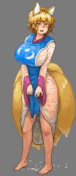 Rule 34 | 1girl, absurdres, animal ears, bad id, bad tumblr id, barefoot, blonde hair, breasts, chanta (ayatakaoisii), cleavage, clothes lift, commentary, covered erect nipples, curvy, dress, extra ears, feet, female focus, fox ears, fox tail, full body, grey background, highres, huge breasts, legs, long sleeves, looking at viewer, multiple tails, no headwear, open mouth, see-through, short hair, simple background, solo, standing, tail, tassel, teeth, thick thighs, thighs, tongue, touhou, wet, wet clothes, wet hair, white dress, wide sleeves, yakumo ran, yellow eyes
