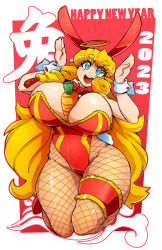Rule 34 | 1girl, 2023, absurdres, animal ears, bare shoulders, between breasts, big hair, blonde hair, blue eyes, blush, blush stickers, braid, breasts, carrot, chinese zodiac, curvy, detached collar, dragoontequila, english text, fake animal ears, fake tail, female focus, halo, happy new year, highleg, highleg leotard, highres, huge breasts, kneeling, leotard, lips, long hair, looking at viewer, mojito (dragoontequila), new year, open mouth, original, pantyhose, playboy bunny, rabbit ears, rabbit pose, red background, shiny clothes, simple background, solo, tail, thighs, very long hair, wide hips, year of the rabbit, yellow eyes