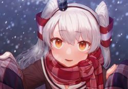 Rule 34 | 1girl, amatsukaze (kancolle), black dress, blush, breath, commentary request, dress, gloves, hair tubes, kantai collection, long hair, long sleeves, looking at viewer, open mouth, orange eyes, outdoors, plaid, plaid scarf, red scarf, sailor collar, sailor dress, scarf, silver hair, single glove, snow, snowing, solo, two side up, white gloves, winter, yoshino ns