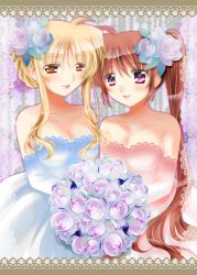 Rule 34 | 2girls, alternate hairstyle, ameiro, blonde hair, blush, bouquet, breasts, brown hair, cleavage, dress, fate testarossa, flower, hair ornament, happy, highres, long hair, looking at viewer, lyrical nanoha, mahou shoujo lyrical nanoha, mahou shoujo lyrical nanoha strikers, mahou shoujo lyrical nanoha vivid, multiple girls, purple eyes, red eyes, side ponytail, smile, takamachi nanoha, wedding, wedding dress, wife and wife, yuri