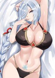 Rule 34 | 1girl, absurdres, arm up, armpits, bed sheet, bikini, blue eyes, braid, breasts, closed mouth, genshin impact, groin, hair over one eye, highres, large breasts, long hair, looking at viewer, low-braided long hair, low-tied long hair, lying, navel, on back, pubic tattoo, shenhe (genshin impact), silver hair, smile, snowflakes, solo, stomach, swimsuit, tattoo, tian kazuki, very long hair