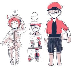 Rule 34 | 10s, 1boy, 1girl, ae-3803, ahoge, arrow (symbol), black eyes, boots, carrying, carrying under arm, comic, cosplay, costume switch, english text, hataraku saibou, jacket, package, red blood cell (hataraku saibou), red blood cell (hatataku saibou) (cosplay), red eyes, red hair, red jacket, salute, short hair, shorts, smile, u-1146, white blood cell (hataraku saibou), white blood cell (hataraku saibou) (cosplay), white hair