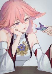 Rule 34 | 1girl, absurdres, animal ears, bare shoulders, blue eyes, bug, butterfly, butterfly on hand, commentary, detached sleeves, elbow rest, fox ears, genshin impact, grey background, hair between eyes, half-closed eyes, head rest, highres, insect, lyrah, pink hair, simple background, solo, symbol-only commentary, turtleneck, upper body, yae miko