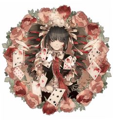 Rule 34 | 10s, 1girl, ace (playing card), ace of clubs, ace of hearts, ace of spades, black hair, blood, blood on face, bonnet, card, celestia ludenberg, closed eyes, club (shape), danganronpa: trigger happy havoc, danganronpa (series), drill hair, flower, heart, necktie, playing card, rose, shina 000, smile, solo, spade (shape), twin drills