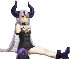 Rule 34 | 1girl, absurdres, ascot, bare legs, bare shoulders, belt, black dress, blurry, blush, breasts, closed mouth, demon horns, detached sleeves, dress, grey hair, highres, hololive, horns, la+ darknesss, long hair, multicolored hair, multiple belts, o-ring, o-ring belt, pointy ears, purple hair, purple legwear, shoes, simple background, single leg pantyhose, sitting, small breasts, solo, very long hair, virtual youtuber, white background, yamada no orochi, yellow ascot, yellow eyes