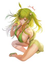Rule 34 | 1girl, ^^^, absurdres, ahoge, animal hair ornament, bad id, bad twitter id, bare shoulders, between legs, bikini, blush, bra, breasts, cigarette, cleavage, collarbone, dolphin shorts, eyelashes, fangs, full body, green bikini, green bra, green eyes, green hair, green nails, hair between eyes, hair ornament, hand between legs, highres, large breasts, leaf, leaf on head, lighter, long hair, looking at viewer, mouth hold, myabit, nail polish, navel, open mouth, original, sandals, short shorts, short twintails, shorts, sitting, skindentation, smoke, smoking, solo, sports bra, sportswear, swimsuit, toenail polish, toenails, twintails, underwear, white background
