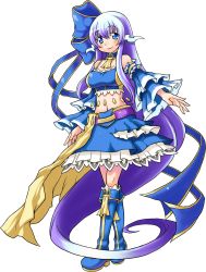 Rule 34 | 1girl, absurdly long hair, aqua seep seal, bare shoulders, blue bow, blue eyes, blue footwear, blue hair, blue skirt, blush, boots, bow, breasts, closed mouth, detached sleeves, full body, hair bow, highres, kanatarou, knee boots, large breasts, long hair, looking at viewer, navel, official art, skirt, smile, solo, transparent background, trouble witches, trouble witches neo, very long hair