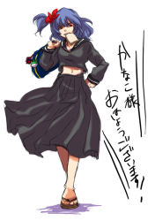 Rule 34 | 1girl, alternate costume, alternate hairstyle, bad feet, bag, barefoot, blue serafuku, bread slice, carrying, contemporary, delinquent, feet, female focus, food, food in mouth, hair ornament, hand on own hip, hip focus, charm (object), leaf hair ornament, midriff, mouth hold, navel, purple hair, red eyes, sabuko, sandals, school bag, school uniform, serafuku, short hair, side ponytail, sketch, skirt, solo, sukeban, toast, toast in mouth, touhou, translation request, wind, yasaka kanako