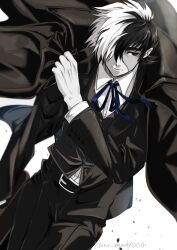 Rule 34 | 1boy, absurdres, artist name, belt, belt buckle, black jack (character), black jack (series), blue ribbon, buckle, closed mouth, coat, collared shirt, dutch angle, hair over one eye, hayate aki, highres, holding, holding clothes, holding coat, long sleeves, male focus, monochrome, multicolored hair, neck ribbon, pants, patchwork skin, red eyes, ribbon, scar, scar on face, shirt, short hair, sideburns, simple background, solo, split-color hair, spot color, stitched face, stitches, thick eyebrows, twitter username, two-tone hair, vest, walking, wing collar