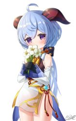 Rule 34 | 1girl, aged down, ahoge, bare legs, bell, black gloves, blue hair, blush, commentary request, covered mouth, detached sleeves, flower, ganyu (genshin impact), genshin impact, gloves, hair between eyes, head tilt, highres, holding, holding flower, horns, j2l, long hair, looking at viewer, neck bell, purple eyes, sidelocks, signature, simple background, solo, vision (genshin impact), white background