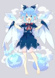 Rule 34 | 1girl, adapted costume, barefoot, bat (animal), blue bow, blue eyes, blue hair, blue shirt, blue skirt, bow, cape, cirno, detached wings, fang, full body, grey background, hair bow, hands up, highres, holding, holding cape, holding clothes, ice, ice wings, jack-o&#039;-lantern, looking at viewer, neck ribbon, nikorashi-ka, open mouth, pointy ears, red ribbon, ribbon, shirt, short hair, short sleeves, simple background, skirt, solo, touhou, wings