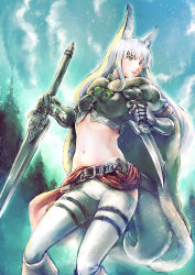 Rule 34 | 1girl, animal ears, armor, belt, blue sky, boots, breasts, cowboy shot, day, dual wielding, fur trim, gauntlets, green eyes, highres, holding, knee boots, long hair, midriff, navel, outdoors, sennen sensou aigis, sheath, sidelocks, sky, small breasts, standing, sword, tail, thigh strap, tree, very long hair, weapon, weiss (sennen sensou aigis), white hair, yamakou (pixiv16324)