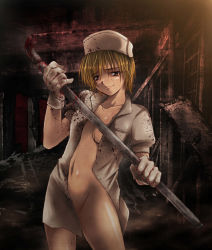 Rule 34 | 1girl, blood, blood on clothes, blood on face, bloody weapon, heather mason, kaiga, lead pipe, naked shirt, no panties, nurse, nurse (silent hill), nurse (silent hill 3), shirt, silent hill, silent hill (series), silent hill 3, solo, weapon