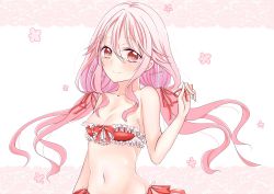 Rule 34 | 10s, 1girl, bare shoulders, bikini, blush, breasts, guilty crown, hair ornament, hairclip, heart, heart-shaped pupils, highres, long hair, looking at viewer, navel, pink hair, red eyes, ruchi a, sarina (tosiyukiryousuke), small breasts, smile, solo, swimsuit, symbol-shaped pupils, twintails, yuzuriha inori