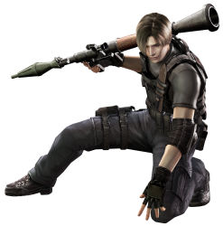 Rule 34 | 1boy, 3d, blonde hair, capcom, curtained hair, fingerless gloves, gloves, high-explosive anti-tank (warhead), highres, leon s. kennedy, male focus, man-portable anti-tank systems, official art, resident evil, resident evil 4, rocket-propelled grenade, rocket (projectile), rocket launcher, rpg, rpg-7, rpg (weapon), solo, thigh strap, weapon