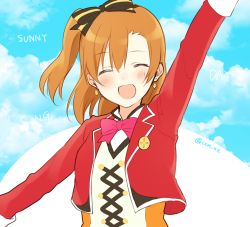 Rule 34 | 10s, 1girl, bad id, bad pixiv id, blue sky, bow, chisumi, closed eyes, cloud, day, earrings, facing viewer, gradient background, jewelry, kosaka honoka, love live!, love live! school idol project, open mouth, orange hair, side ponytail, sky, solo, song name, sunny day song, twitter username, upper body