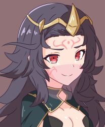 Rule 34 | 1girl, black hair, breasts, circlet, cleavage, facial mark, facing to the side, fire emblem, fire emblem fates, highres, long hair, looking to the side, nintendo, nyx (fire emblem), red eyes, small breasts, smile, solo, tavi (hosheezus), veil