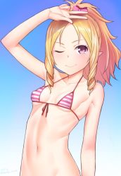 Rule 34 | &gt;;), 10s, 1girl, arm up, bad id, bad twitter id, bikini, blonde hair, bow, breasts, collarbone, commentary request, covered erect nipples, drill hair, eromanga sensei, gradient background, hair bow, kanzaki muyu, long hair, looking at viewer, navel, pink eyes, pointy ears, ponytail, small breasts, solo, stomach, striped bikini, striped clothes, swimsuit, upper body, v, v-shaped eyebrows, yamada elf