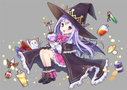 Rule 34 | 1girl, bat wings, bottle, bow, cat, grey background, hat, long hair, mauve, mushroom, open mouth, pio (potion maker), pointy ears, potion maker, purple eyes, purple hair, solo, test tube, wings, witch hat
