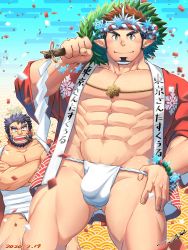 Rule 34 | 2boys, abs, alternate costume, bara, beard, blush, brown hair, bulge, character request, ded (housamo), facial hair, fundoshi, goatee, highres, ice, japanese clothes, large pectorals, long sideburns, looking at viewer, male focus, male underwear, manly, multicolored hair, multiple boys, muscular, pectorals, pointy ears, sideburns, smile, snowflakes, sparkle, sparkling eyes, tepen (tptptpn), tokyo houkago summoners, tomte (housamo), two-tone hair, underwear, upper body, white hair, white male underwear
