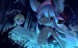 1boy 1girl 1other :d animal_ears black_hair blonde_hair blurry blurry_background brown_eyes caustics chinese_commentary colored_eyelashes ears_through_headwear furry glasses grass hat helmet highres looking_at_viewer made_in_abyss nanachi_(made_in_abyss) open_mouth partially_submerged rabbit_ears reg_(made_in_abyss) riko_(made_in_abyss) smile tail turning_head water wet whiskers white_hair zhutangyuan