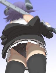 Rule 34 | 1girl, ass, ass focus, black jacket, black panties, black skirt, black thighhighs, blurry, blurry background, commentary request, depth of field, facing away, from behind, from below, gloves, headgear, highres, holding, holding weapon, jacket, kantai collection, namakura neo, panties, pantyshot, partially fingerless gloves, pleated skirt, purple hair, shirt, short hair, skirt, sleeveless, solo, sword, tenryuu (kancolle), tenryuu kai ni (kancolle), thick thighs, thighhighs, thighs, underwear, upskirt, weapon, white shirt