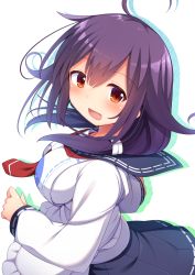Rule 34 | 1girl, ahoge, apron, blush, breasts, hair flaps, highres, kantai collection, long hair, long sleeves, looking at viewer, low twintails, medium breasts, neckerchief, open mouth, purple hair, red eyes, sailor collar, school uniform, serafuku, smile, snow (gi66gotyo), solo, taigei (kancolle), twintails, whale
