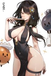 Rule 34 | 1girl, arm behind back, bare arms, bare shoulders, black dress, black hair, breasts, china dress, chinese clothes, cleavage, closed mouth, commission, covered erect nipples, covered navel, cowboy shot, dress, elsword, eve (2nas) (elsword), eve (elsword), facial mark, fan to mouth, folding fan, gold trim, hair ornament, hair over shoulder, hand fan, hand up, highres, holding, holding fan, long hair, looking at viewer, low twintails, medium breasts, no bra, no panties, pelvic curtain, sabi (ghke4333), second-party source, simple background, skindentation, sleeveless, sleeveless dress, smile, solo, standing, thigh strap, thighs, twintails, white background, yellow eyes