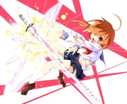 Rule 34 | ahoge, ayakashi (monkeypanch), bad id, bad pixiv id, brown hair, fang, hair over one eye, highres, loafers, navel, original, school uniform, serafuku, shoes, skirt, smile, socks, solo, sword, torn clothes, weapon