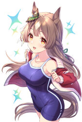 Rule 34 | 1girl, :d, animal ears, bare shoulders, blue one-piece swimsuit, braid, breasts, brown hair, collarbone, commentary request, covered navel, highres, horse ears, horse girl, horse tail, jacket, long hair, looking at viewer, medium breasts, multicolored hair, one-piece swimsuit, open clothes, open jacket, open mouth, red eyes, red jacket, satono diamond (umamusume), simple background, smile, solo, sparkle, swimsuit, tail, tomo (tmtm mf mf), track jacket, two-tone hair, umamusume, very long hair, white background, white hair