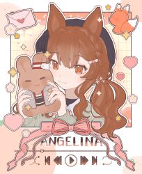 Rule 34 | 1girl, absurdres, angelina (arknights), animal ears, arknights, bow, brown eyes, brown hair, character name, chinese commentary, closed mouth, collared shirt, commentary request, doll, envelope, fast forward button, flower (symbol), fox ears, green sweater, hair ornament, hands up, hat, highres, holding, holding doll, long hair, pink bow, play button, portrait, shenyan039, shirt, smile, solo, sparkle, sweater, white shirt