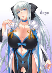 Rule 34 | 1girl, black bow, black dress, blue eyes, bow, braid, breasts, bursting breasts, center opening, cleavage, clothing cutout, covered erect nipples, curvy, dress, fate/grand order, fate (series), french braid, huge breasts, looking at viewer, morgan le fay (fate), oniku (kusomushi onick), platinum blonde hair, plump, solo, stomach cutout, thighhighs, two-tone dress
