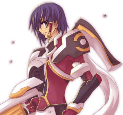 Rule 34 | 1boy, ar tonelico, ar tonelico ii, armor, brown eyes, cape, chroah vatel, gloves, gradient background, gust, hair ornament, isya, male focus, profile, purple hair, solo, weapon, white background