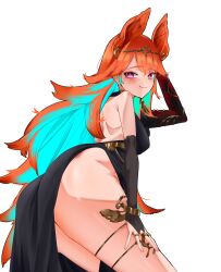 Rule 34 | 1girl, absurdres, animal ears, black dress, colored inner hair, dress, earrings, feather earrings, feathers, green hair, highres, hololive, hololive english, jewelry, koizumi arata, long hair, looking at viewer, looking back, multicolored hair, official alternate costume, orange hair, purple eyes, ring, simple background, solo, star-shaped pupils, star (symbol), symbol-shaped pupils, takanashi kiara, thighs, tiara, virtual youtuber, white background