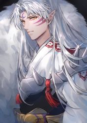 Rule 34 | 1boy, armor, artist name, bishounen, closed mouth, demon boy, facial mark, forehead mark, highres, inuyasha, japanese armor, japanese clothes, kimono, long hair, looking at viewer, male focus, ningyo, orange eyes, parted bangs, pointy ears, portrait, sesshoumaru, shoulder spikes, slit pupils, solo, spikes, upper body, white fur, white hair, white kimono