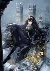 Rule 34 | 1girl, bird, black coat, black footwear, black gloves, black pantyhose, bow, bowtie, building, chain, closed mouth, coat, commentary, english commentary, full body, gawako, gloves, hairband, highres, holding, holding lantern, lantern, long sleeves, original, outdoors, pantyhose, solo, white bird, yellow bow, yellow bowtie, yellow eyes, yellow hairband