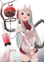 Rule 34 | 1girl, 1other, absurdres, bandaged arm, bandaged leg, bandages, bare shoulders, black thighhighs, blurry, blurry foreground, blush, commentary request, depth of field, fang, gradient background, grey background, grey hair, grey shirt, hair between eyes, hair ornament, highres, holding, holding syringe, horns, huge filesize, intravenous drip, kimyo, long hair, oni, oni horns, open mouth, original, red eyes, red sweater, ribbed sweater, shirt, single thighhigh, skindentation, sleeveless, sleeveless sweater, sleeveless turtleneck, solo focus, sweater, syringe, thighhighs, turtleneck, turtleneck sweater, very long hair, white background