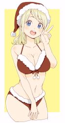 1girl :d absurdres bad_id bad_twitter_id bare_arms bare_shoulders bikini blonde_hair blue_eyes blush breasts christmas cleavage cowboy_shot cropped_legs donguri_suzume female_focus fur-trimmed_bikini fur_trim hand_up hat highres large_breasts looking_at_viewer open_mouth original pom_pom_(clothes) red_bikini santa_hat smile solo swimsuit v yellow_background