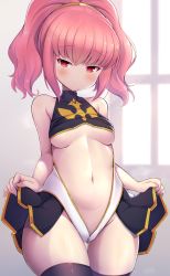 Rule 34 | 1girl, anya alstreim, bare shoulders, blush, breasts, center opening, code geass, commentary request, cowboy shot, gluteal fold, highres, lifted by self, looking at viewer, medium breasts, pink hair, red eyes, solo, tatuyayosi, thighhighs, turtleneck, underboob