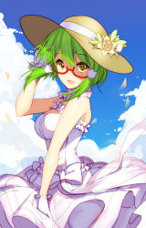 Rule 34 | 1girl, :d, bison cangshu, blue sky, breasts, cloud, day, dress, glasses, gloves, hat, highres, looking at viewer, medium breasts, new orleans (warship girls r), open mouth, outdoors, short hair, sky, smile, solo, straw hat, warship girls r, white dress, white gloves, wind, yellow eyes