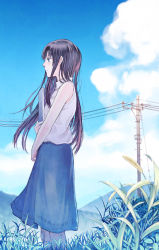 Rule 34 | 1girl, absurdres, bandaid, bandaid on knee, bandaid on leg, bare shoulders, black hair, blouse, blue eyes, blue sky, blush, cloud, commentary request, day, from side, grass, highres, holding, long hair, mountain, notebook, original, outdoors, power lines, shirt, shouichi, skirt, sky, sleeveless, sleeveless shirt, solo, standing, white shirt